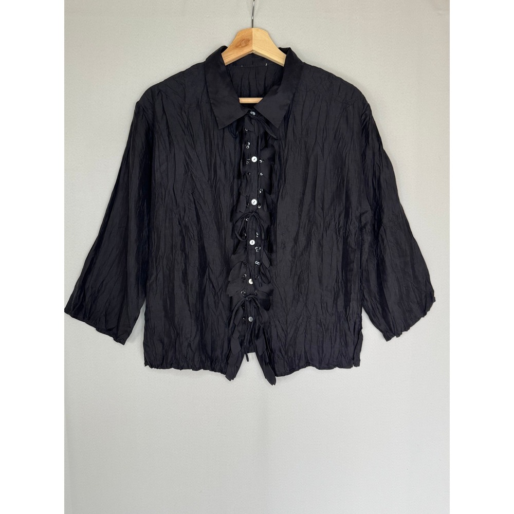 Y2K Black Silk Beaded Sequin 3/4 Sleeve Mother of Pearl Button Up Blouse Medium